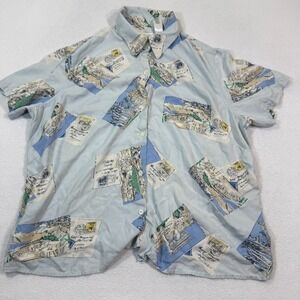 Liz Claiborne Blouse Womens 1X Blue Silk Postcard Print Button Shirt‎ VTG